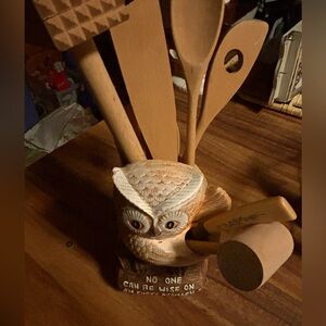 The sweetest Ceramic Owl wooden Kitchen Utensil Set